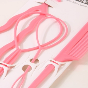 Pink hair styling tool set with tail comb and looping needles for DIY braiding