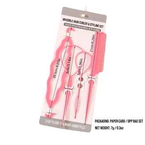 Pink 4-piece plastic hair styling tool set with topsy tail tools and combs on card