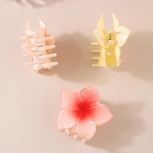 Trois pinces à cheveux élégantes en forme de fleur rose et beige pour femmes