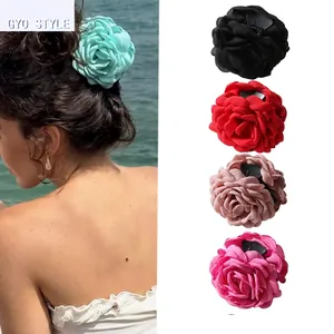 Large Fabric Rose Flower Hair Claw Clip Elegant Chiffon Floral Leopard Print Shark Clip For Women Girls Hair Accessories
