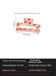 Detailed view of 8.5cm translucent hair claw clip with a red apple floral print design