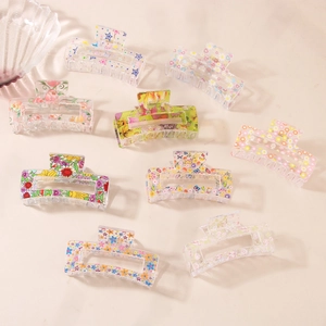 Printed Plastic Hair Claw Clip For Women Transparent Floral Fruit Pattern Square Hair Shark Clip Fashion Hair Accessories