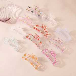 Polka dot and daisy floral print acrylic square hair claws in various fruit patterns