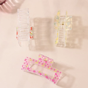 Three-piece transparent resin hair claws with cherry, lemon and floral prints