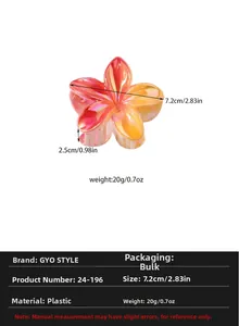 Detailed view of the 7.2cm gradient plumeria flower hair claw clip with pearlescent finish