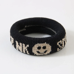 Vintage elastic knitted hair tie in black with white Pink and Smile lettering design