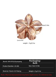 Vue détaillée de la pince à cheveux fleur or rose 8cm avec dimensions du produit