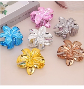 Détail de pinces à cheveux fleur de frangipanier en métal en six couleurs galvanisées