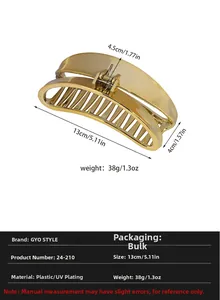 Detailed dimensions of 13cm gold plated large shark hair claw clip for thick hair