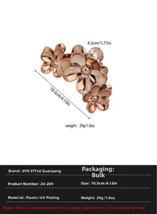 Détails et dimensions de la pince à cheveux fleurie en or rose au fini poli