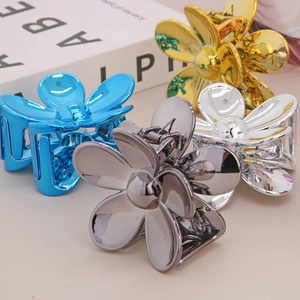 Set di 4 mollette per capelli a fiori in stile francese metallizzato blu oro e grigio