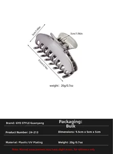 Detailed size chart for retro 9.5cm silver metallic plastic hair claw clip with UV plating