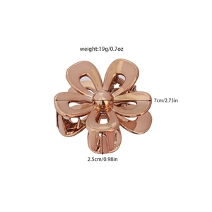 Rose gold 3D flower hair claw clip in polished alloy metal with size dimensions