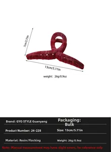 Detail view of burgundy plaid velvet hair claw clip with size and weight dimensions
