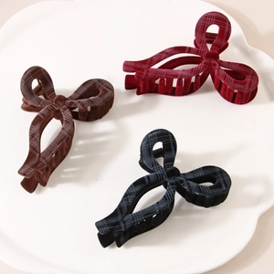 Elegant Plaid Flocking Bow Hair Claw Clip For Women High End Academic Style Resin Velvet Shark Clip Back Head Hair Accessory