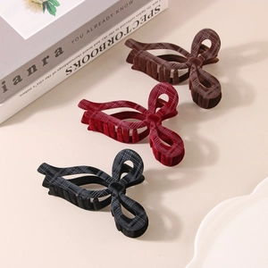 Three elegant checkered flocking bow hair claws in brown, wine red, and black colors