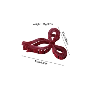 Plaid red velvet bow hair claw clip for women, large 11cm matte flocked shark clip accessory