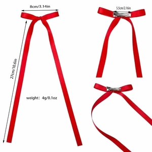 27cm Red satin ribbon bow hair clip with long tails and silver metal duckbill clip