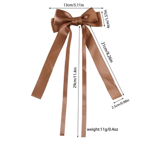 Brown satin ribbon bow hair clip with long streamers and dimensions specification