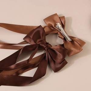 Elegant satin bow hair clip set with long streamers in dark coffee and light brown colors