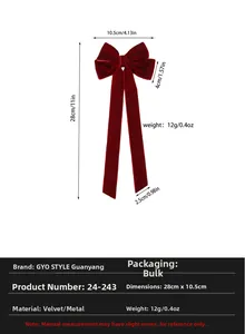 Detailed size map of red velvet long bow hair clip showing 28cm length and 10.5cm width