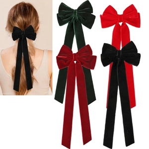 Vintage Velvet Bowknot Hair Clip With Long Streamer Elegant Duckbill Clip Hairpin For Women Party Christmas Hair Accessories