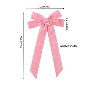 Pink velvet double-layer bow hair clip with long ribbons and size dimensions shown