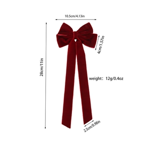 Elegant wine red velvet bow hair clip with long ribbons, 10.5cm width and 28cm length