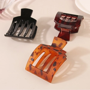 Three elegant square PC hair claws in black, dark tortoiseshell and leopard print colors