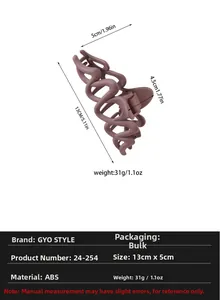 Dimensions détaillées de la pince à cheveux creuse violette en plastique ABS mat