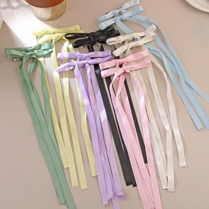 Long Ribbon Bow Hair Clip Satin Fabric Balletcore Sweet Duckbill Clip Hair Accessories For Women Ponytail Decor