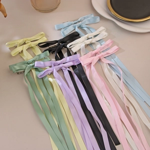 Set of 27cm colorful satin ribbon bow hair clips in seven pastel colors for styling