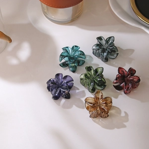 Dettaglio di sei mollette per capelli a fiore in resina traslucida in vari colori su bianco