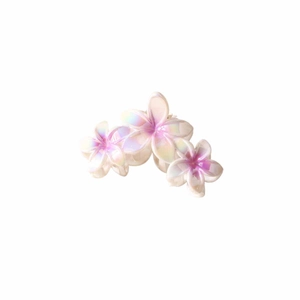 Pink and white frangipani flower hair claw clip with gradient aurora pearl finish