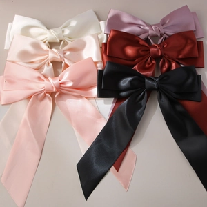 Set of six colorful large satin ribbon bow hair clips with elegant long streamers