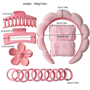 Ensemble serre-tête en éponge rose et pinces à cheveux avec dimensions détaillées