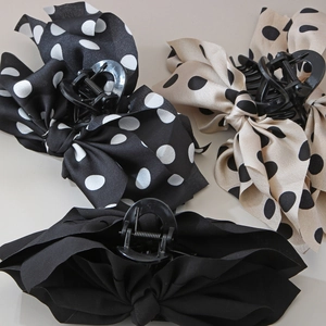 Handmade French polka dot and black satin bow claw clips for women, three color styles