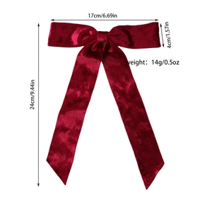 Velvet bow hair clip in dark red with long ribbons and size dimensions shown