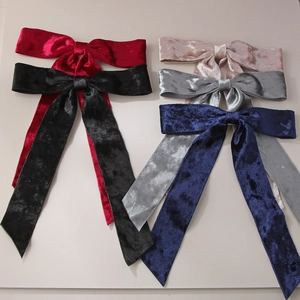 Set of five elegant long velvet bow hair clips in wine red, black, and navy blue colors