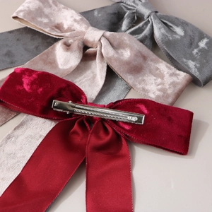 Velvet bow hair clip set with metallic duckbill clip in deep red, pink, and grey