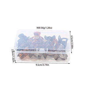 Detailed size specifications for a 12-piece mini hair claw clip set in a storage box