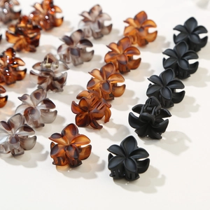 12-piece mini flower hair clips set in amber, smoky grey and matte black resin