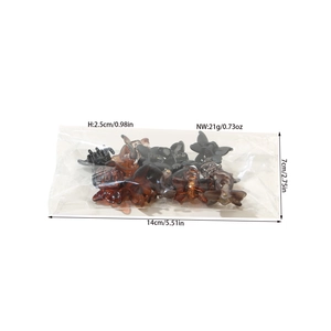 Detailed dimensions of 12-piece butterfly hair clips in transparent plastic packaging