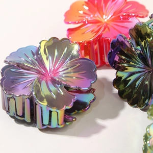 Grandi mollette per capelli a ibisco iridescenti in viola, rosa e verde metallizzato
