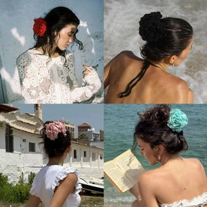 Collage de grandes pinces à cheveux en tissu rouge, noir, rose et bleu pour un style élégant