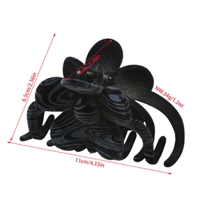 Black flocked clover hair claw clip with marble pattern and detailed size dimensions