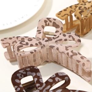 French vintage leopard print bow hair claw clips with flocked texture for women