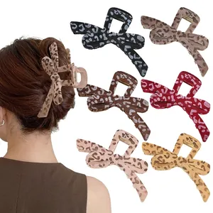 French Vintage Leopard Print Bowknot Hair Claw Clip For Women Flocked Velvet Shark Clip Hair Accessories Headwear