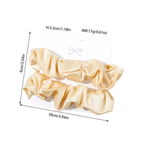 Two-pack champagne silk-like scrunchies for ponytail styling, 10x9cm size dimension