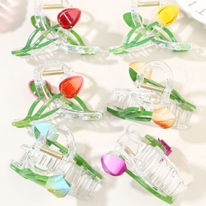 Set of six colorful tulip hair claws in acrylic with strong metal spring for women